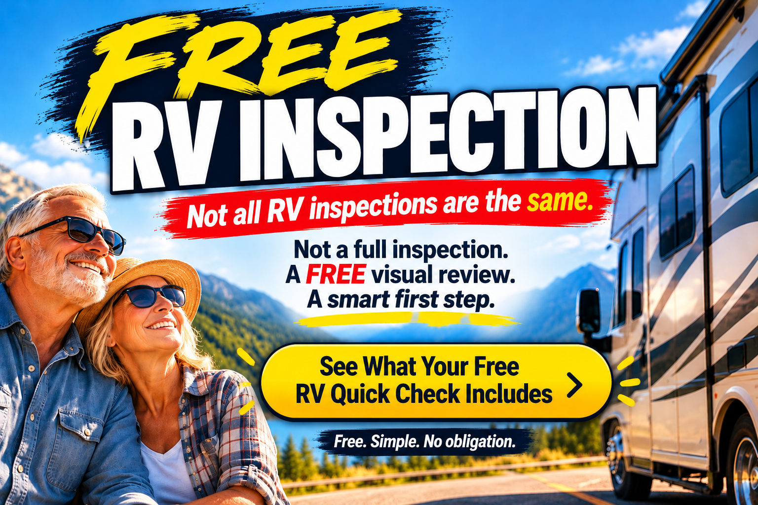 Free RV Inspection. Not all RV inspections are the same. Not a full inspection. A free visual review. A smart first step. See what your free RV Quick Check includes. Free, simple, no obligation.